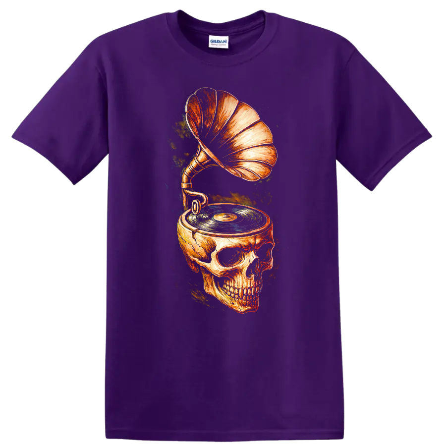 Vintage skull gramophone and turntable graphic with vinyl record on a Purple T Shirt