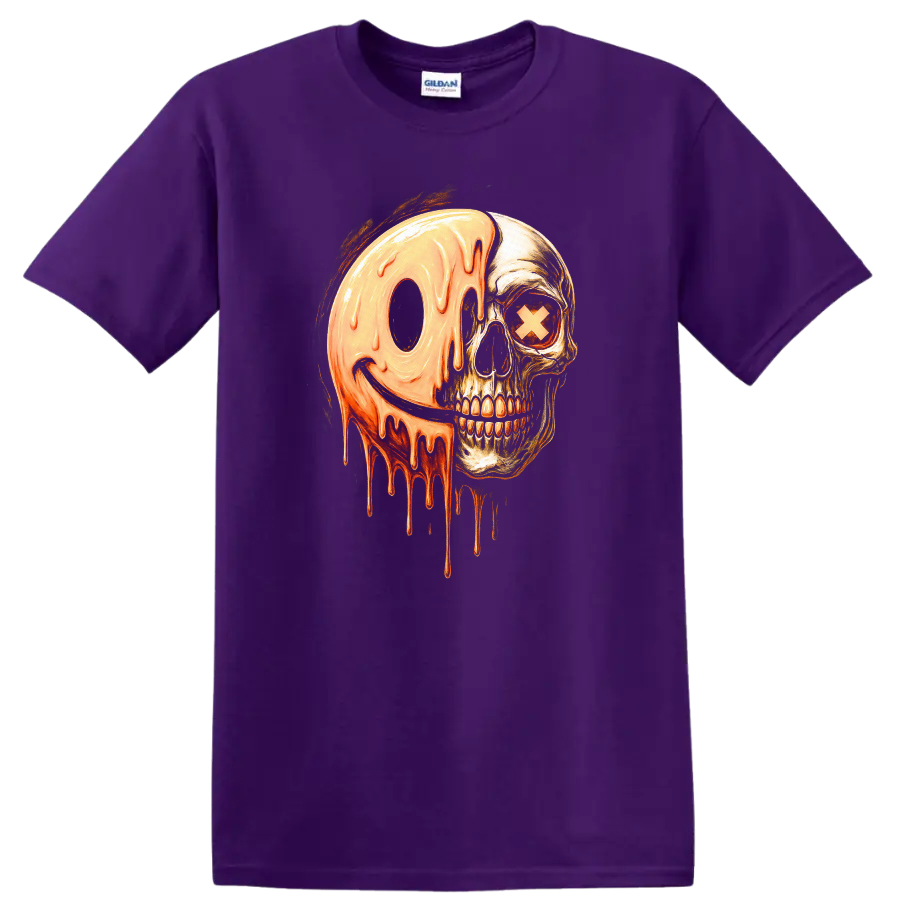 Vintage gothic skull with a melting orange smiley face and X eye graphic on a Purple T Shirt