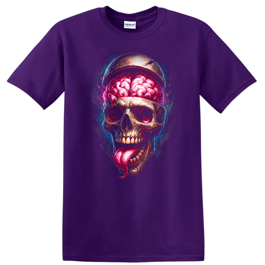 Exposed brain skull with pink tongue in vivid gothic horror illustration on a Purple T Shirt