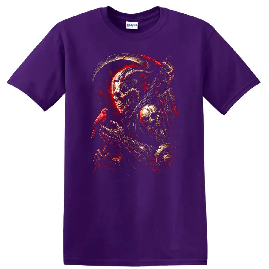 Mechanical skeleton reaper with skull armor, red bird, and fiery gothic art on a Purple T Shirt