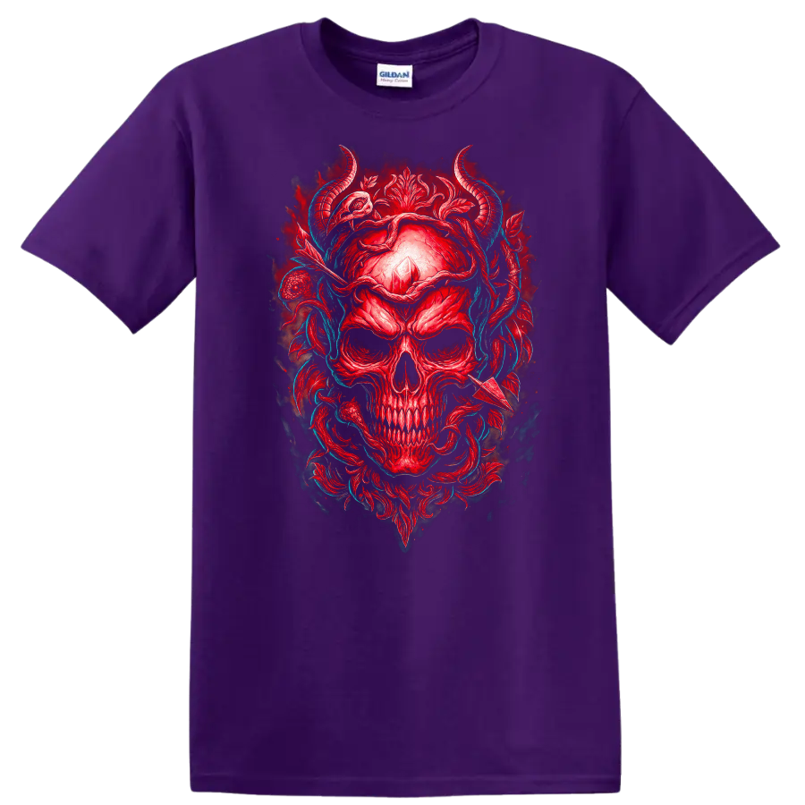 Red horned skull with crystal, gothic floral ornament, and teal vines on a Purple T Shirt