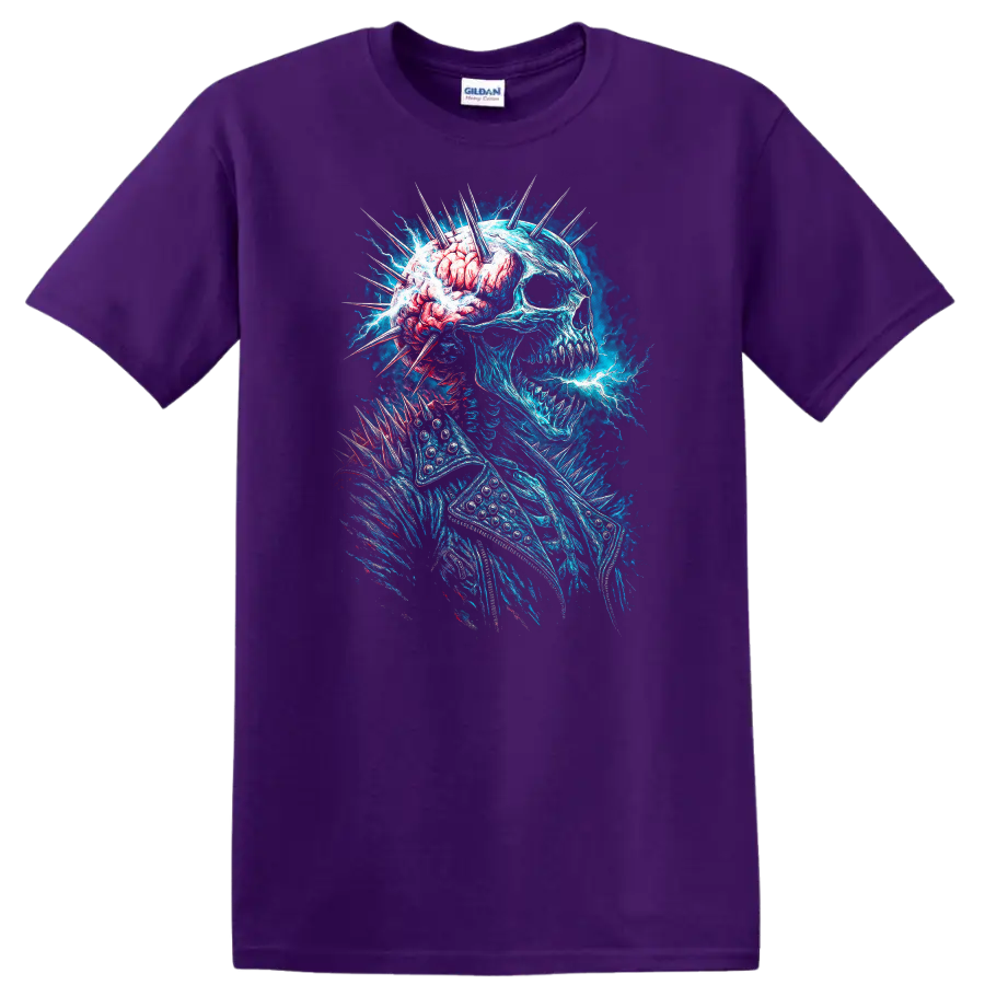 Electric blue skull with exposed brain, spikes, and gothic horror energy art on a Purple T Shirt