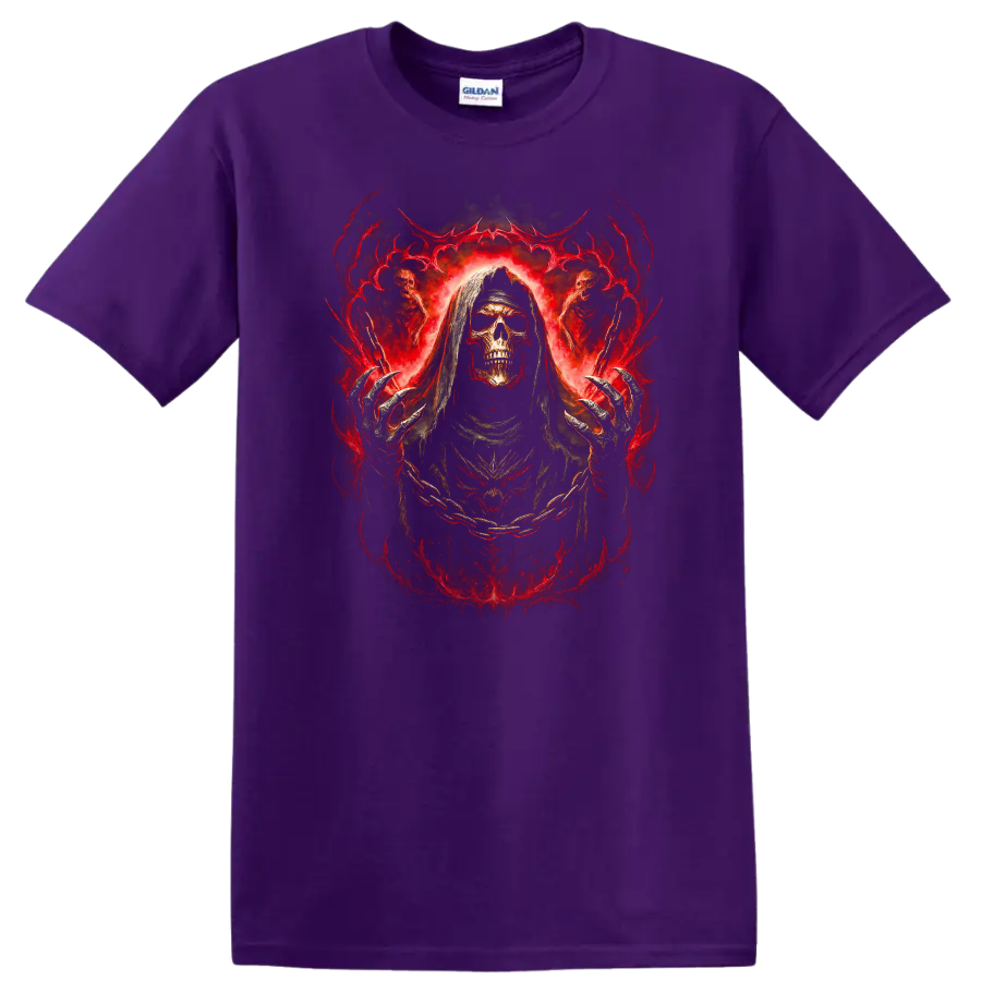 Hooded skull Grim Reaper in fiery red gothic horror artwork on a Purple T Shirt