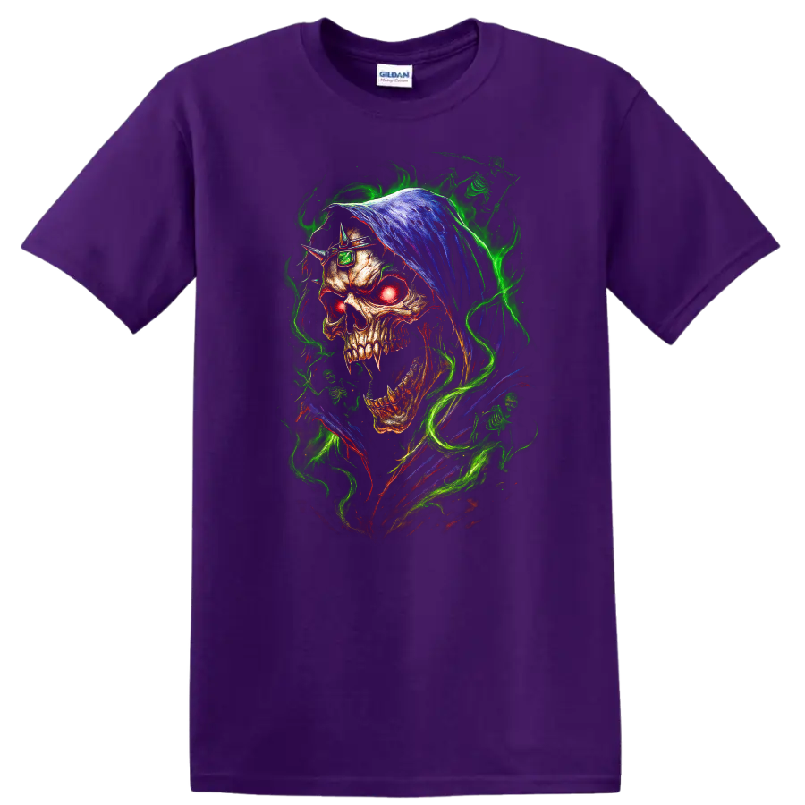 Hooded skull with glowing red eye and neon green flames in gothic horror art on a Purple T Shirt