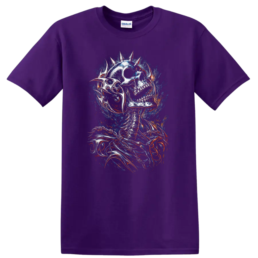 Spiked skeleton skull in distressed gothic horror art with smoky fiery accents on a Purple T Shirt
