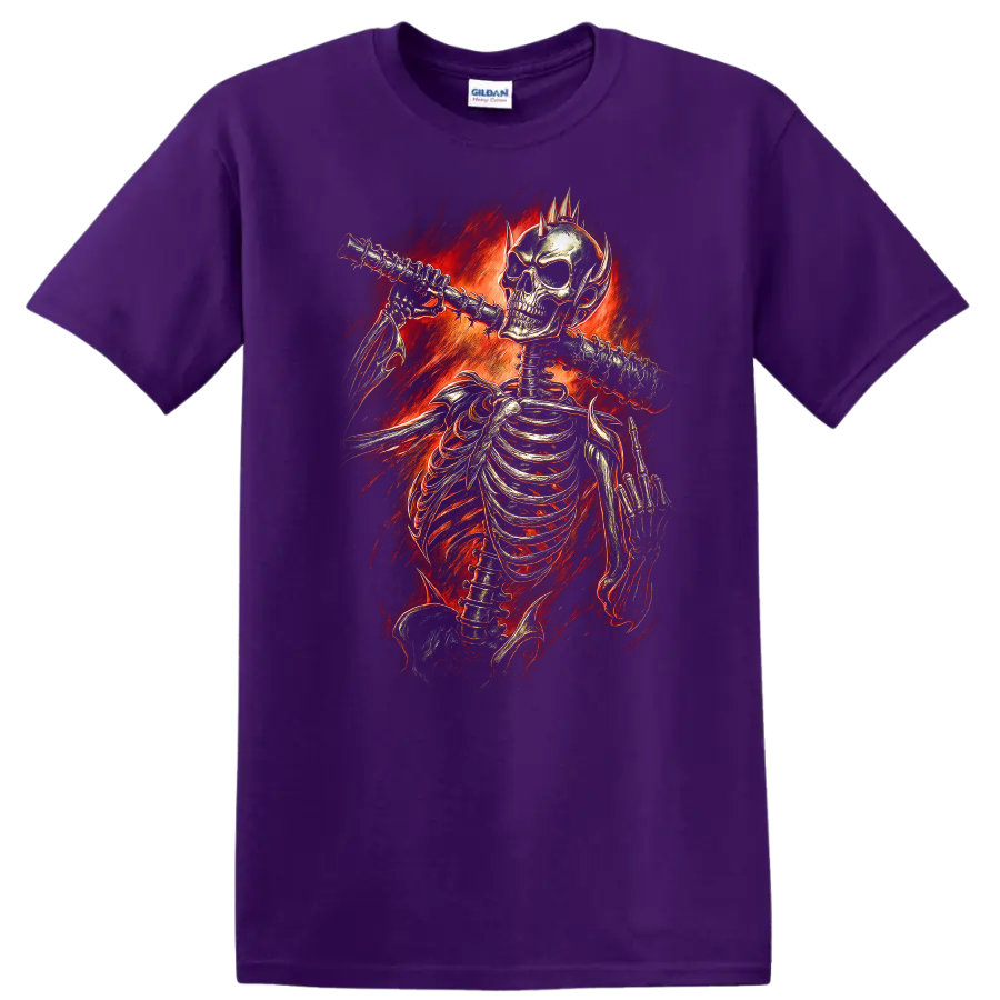 Vintage gothic skeleton playing flute amid fiery red flames on a Purple T Shirt