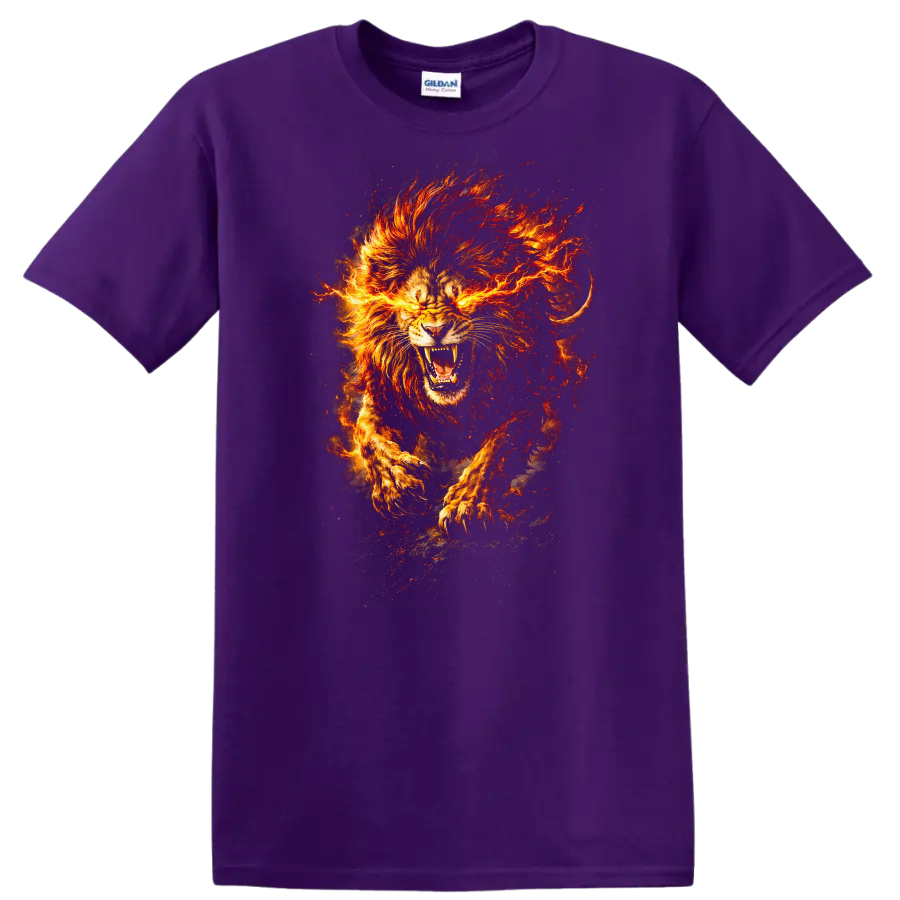 Fiery Lion Head Art T Shirt Roaring Flame Animal Graphic - Purple