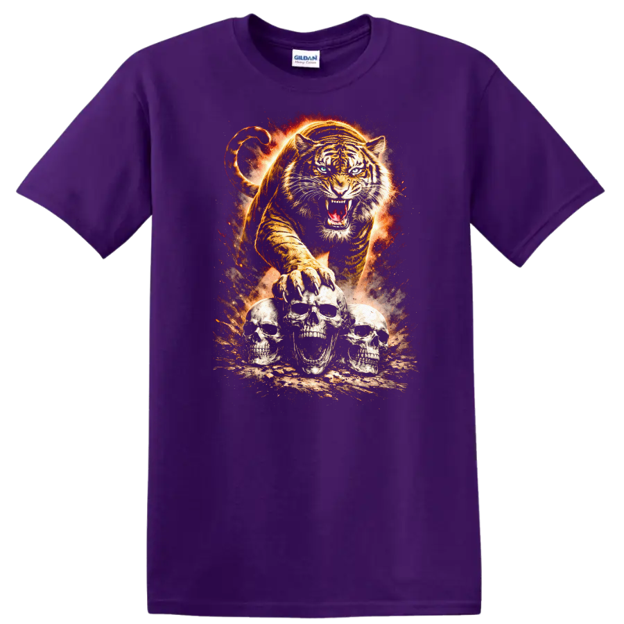 Roaring Tiger and Skull Trio Fierce Animal Graphic T Shirt - Purple