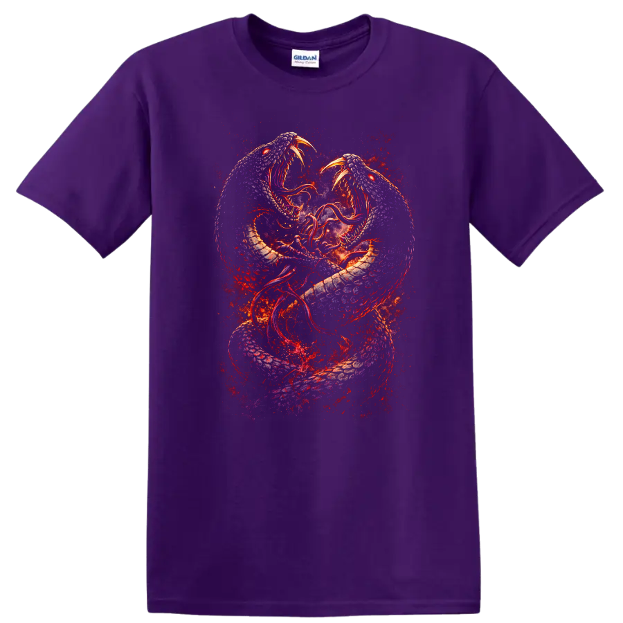 Twin Serpent Dragon Clash Fantasy Art T Shirt for Animal Lovers - Purple