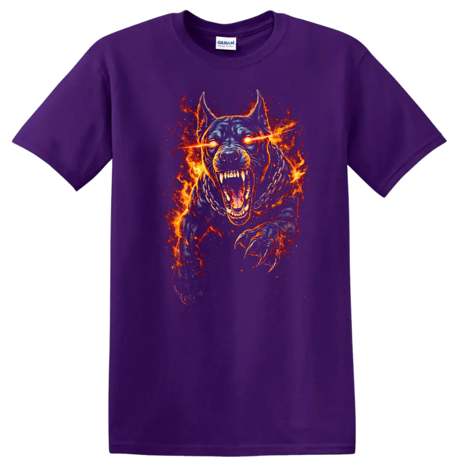 Fiery Pit Bull Dog T Shirt Aggressive Flaming Animal Graphic - Purple