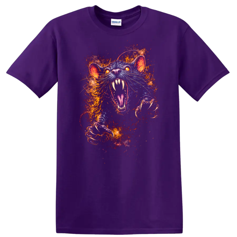 Fiery Glowing Rat Attack T Shirt Vivid Animal Rage Graphic Tee - Purple