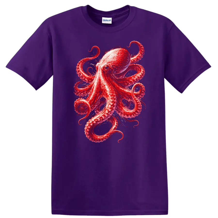 Red Octopus Animal Art Graphic T Shirt for Nature and Ocean Lovers - Purple