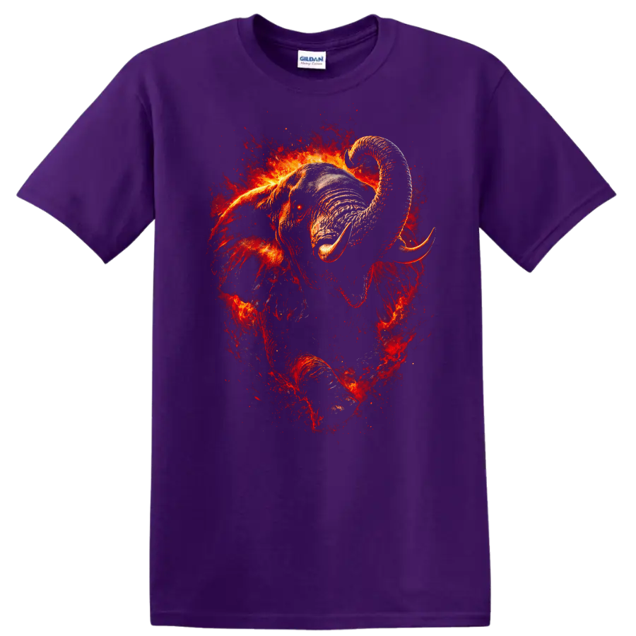 Fiery Elephant Art T Shirt Bold Wildlife Animal Graphic Tee - Purple