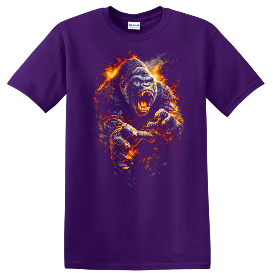 Fierce Roaring Gorilla Fire Burst Animals Graphic T Shirt - Purple