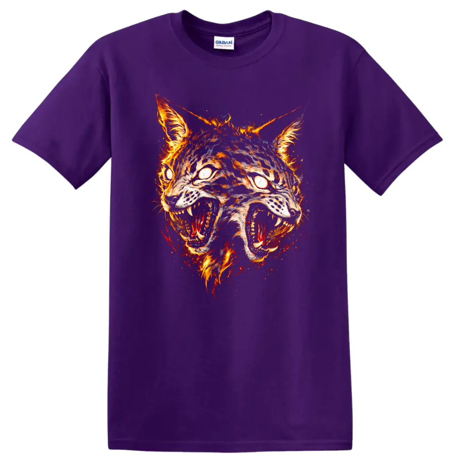 Fiery Twin Wolves Mask Graphic T Shirt for Animal Lovers - Purple