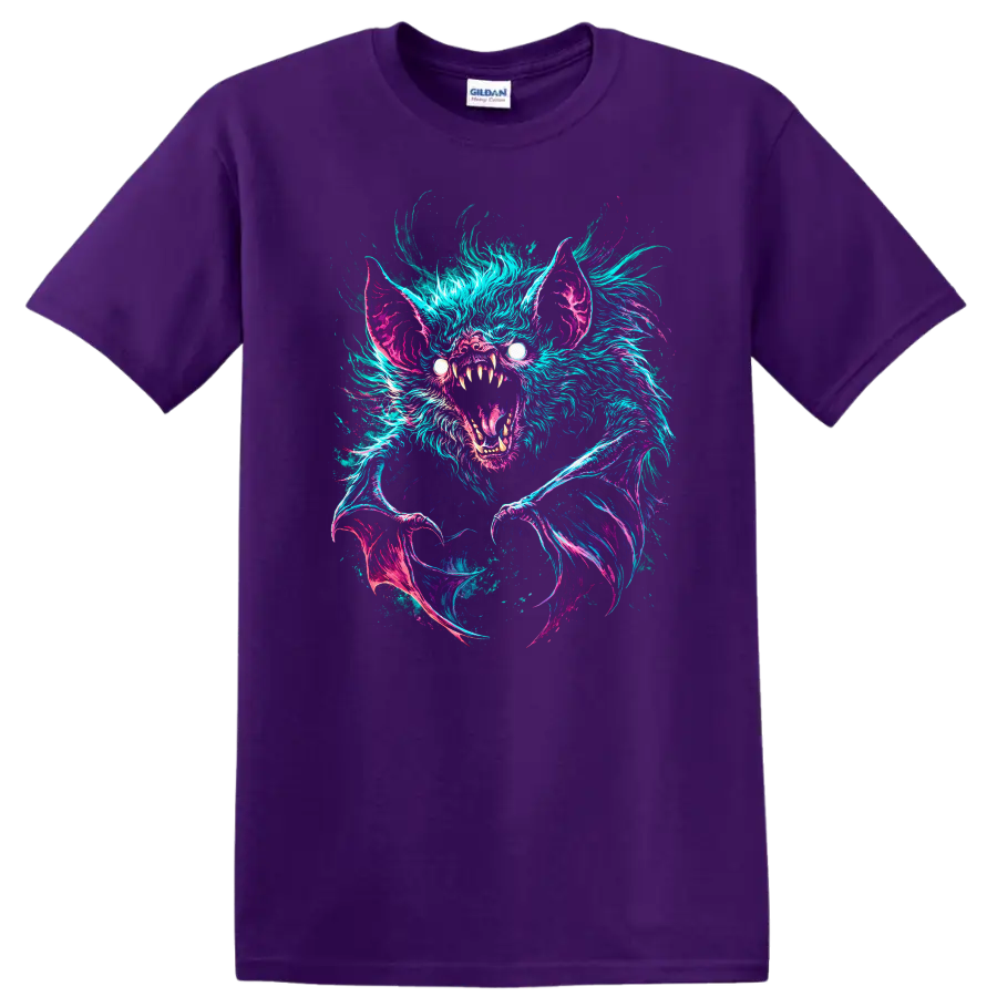 Neon Bat Creature Horror Graphic T Shirt for Dark Fantasy Animal Fans - Purple