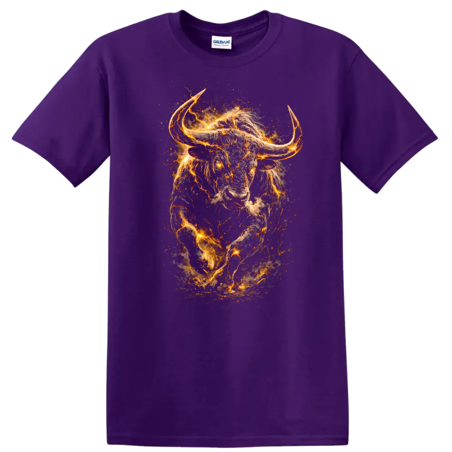 Fiery Charging Bull Head Animals T Shirt, Glowing Wild Energy Graphic - Purple