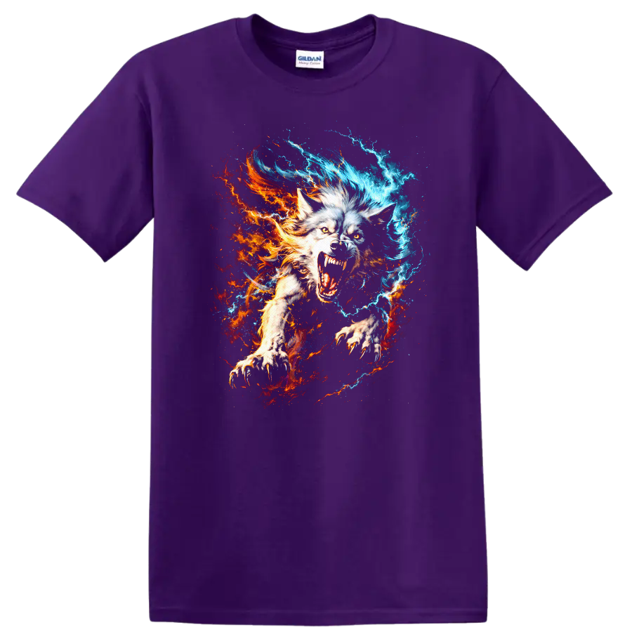 Fiery Ice Wolf Howling Animal Art T Shirt for Nature and Fantasy Fans - Purple