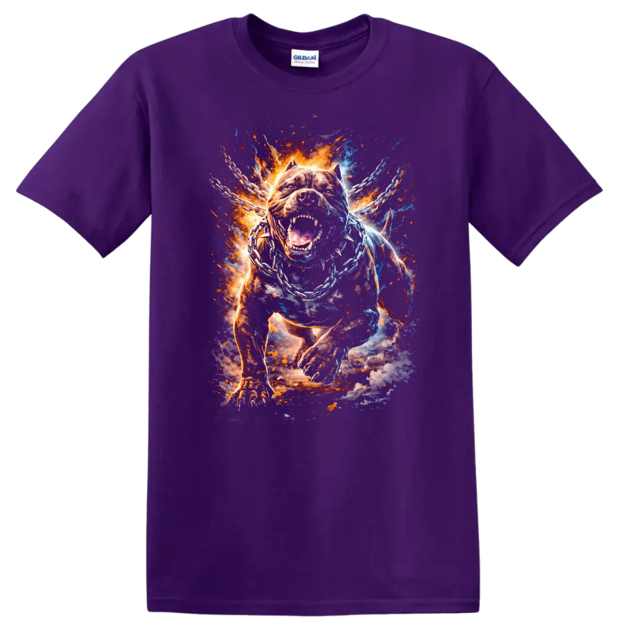 Fierce Pitbull Chains Fire Burst Graphic T Shirt for Dog Lovers - Purple