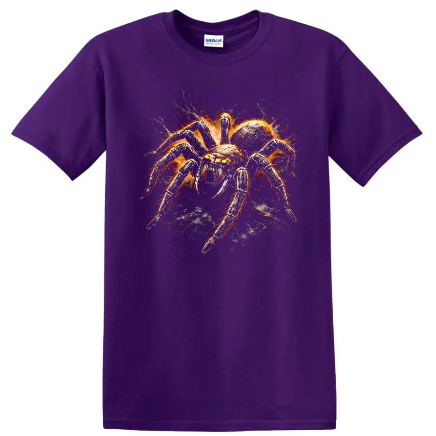 Fiery Spider Animal Art T Shirt Spooky Insect Graphic for Nature Fans - Purple