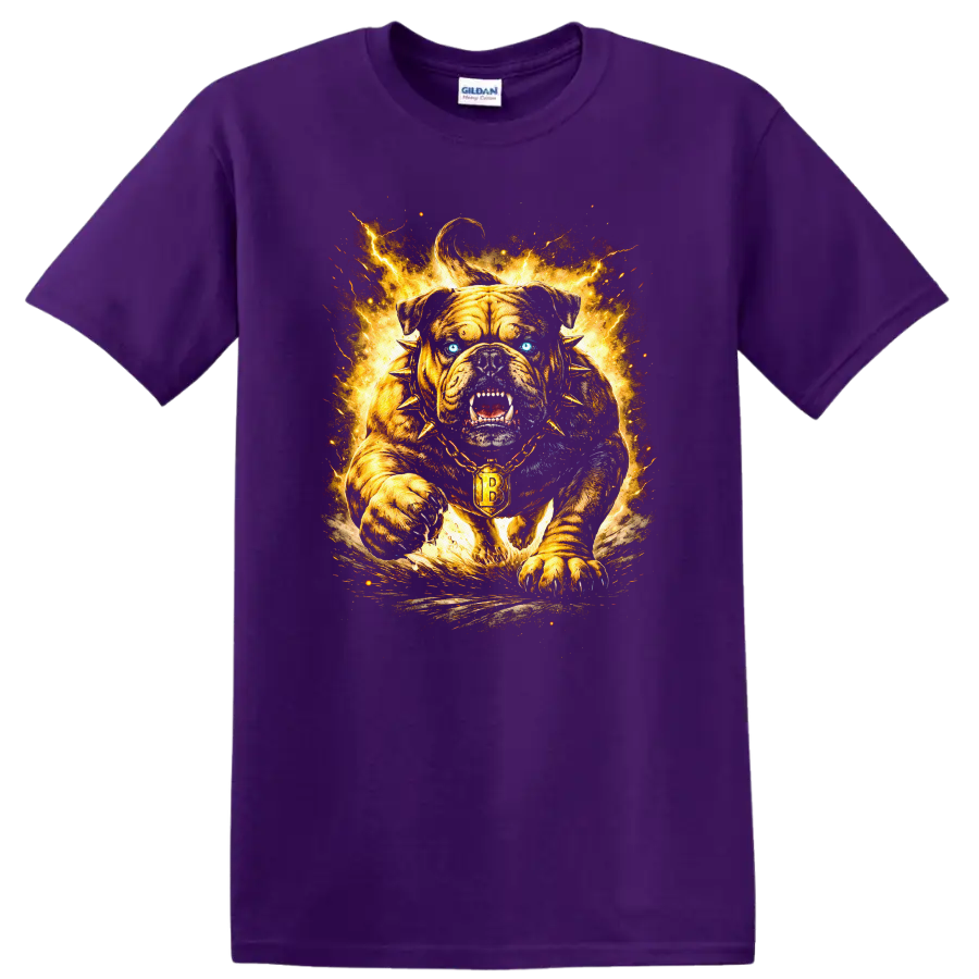 Fierce Bulldog Fireburst T Shirt Golden Gothic Collar Animal Graphic - Purple