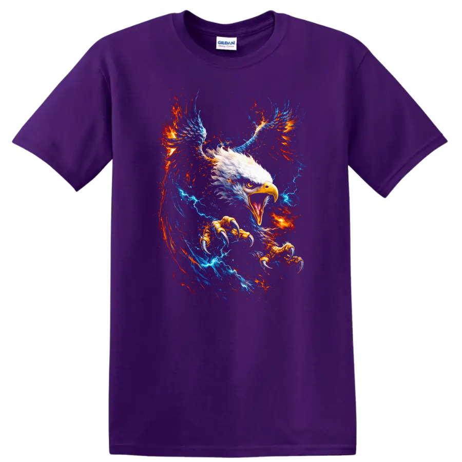 Fiery Eagle Wings Graphic T Shirt Bold Patriotic Animal Art - Purple