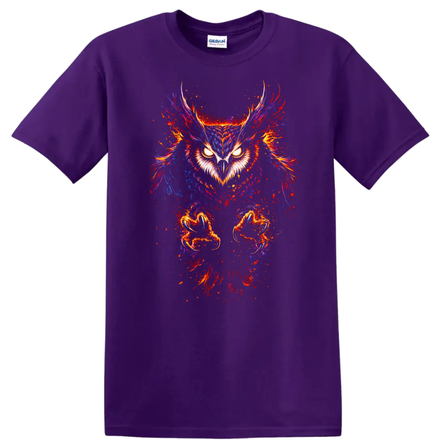 Neon Owl Eyes Wings Animal Art T Shirt for Bold Nature Lovers - Purple
