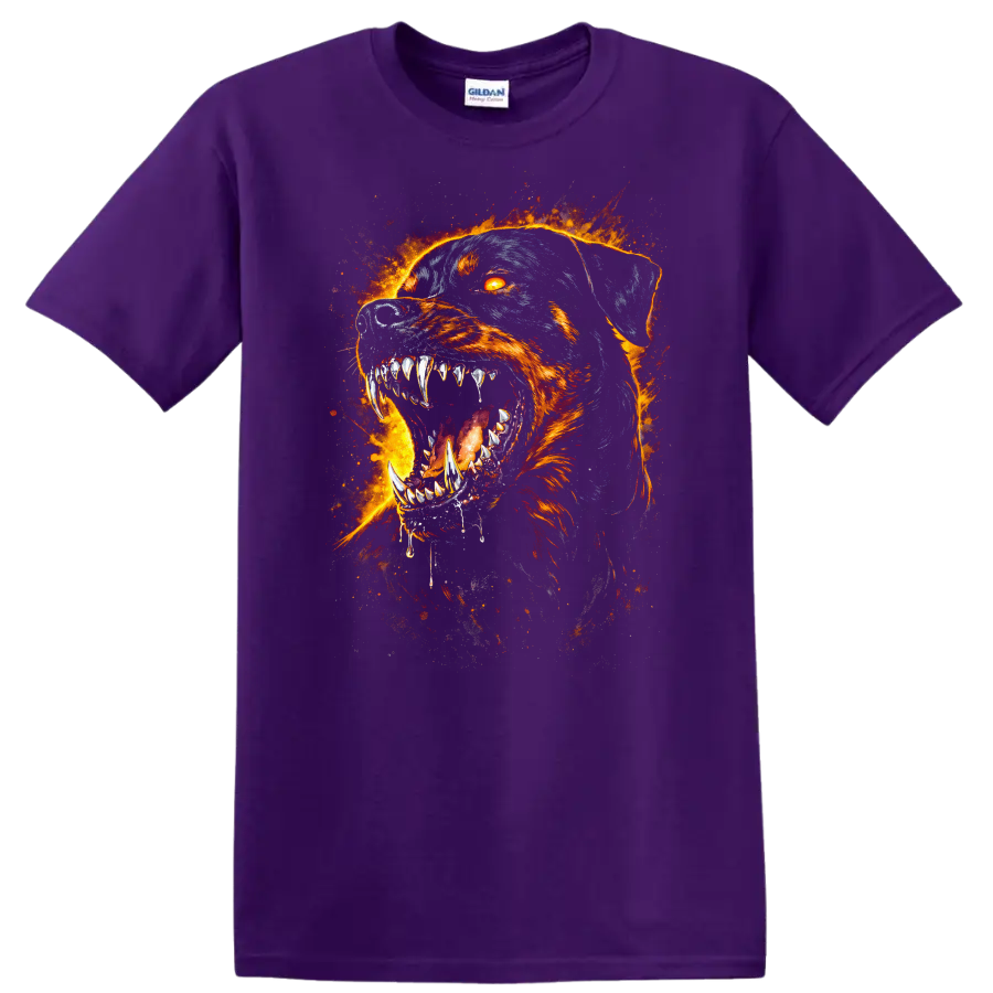 Fiery Rottweiler Dog Face T Shirt Flame Art Animal Graphic - Purple