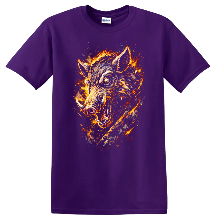 Fiery Wild Boar Graphic T Shirt Burning Animal Wildlife Art - Purple