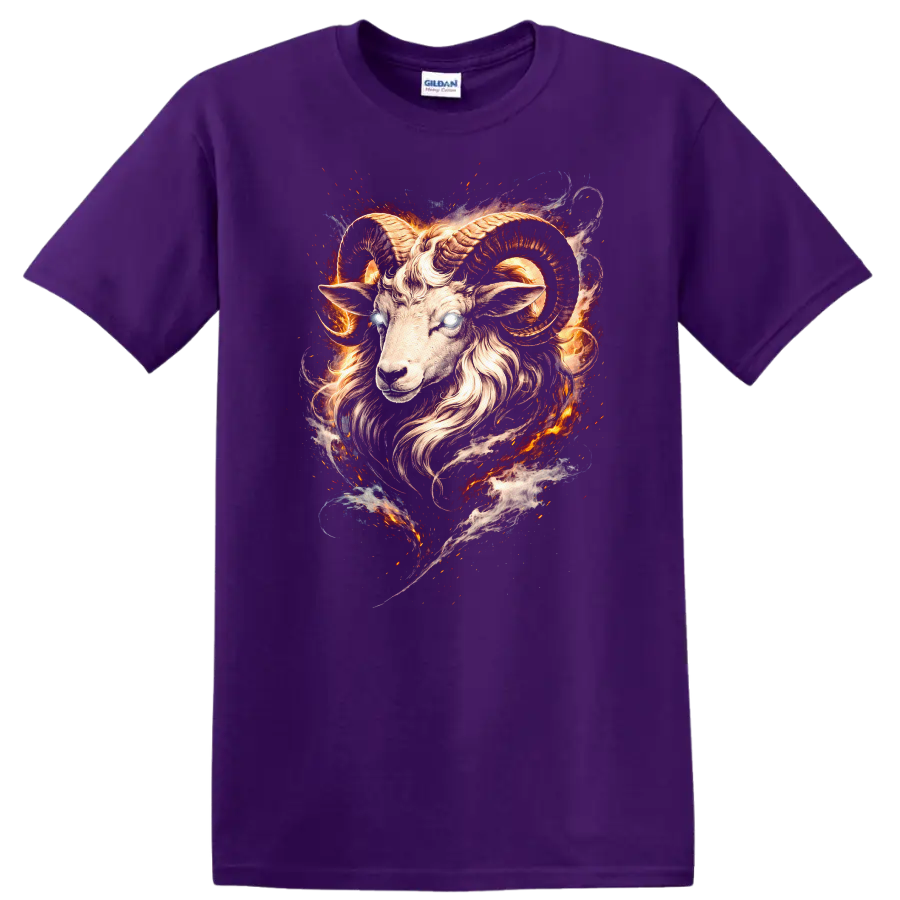 Fiery Ram Goat Head Fantasy Animal Art T Shirt for Bold Style - Purple