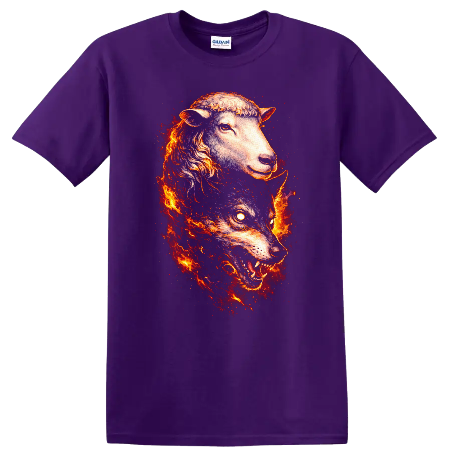 Fiery Sheep and Wolf Spirit Animal Duo T Shirt for Nature Lovers - Purple