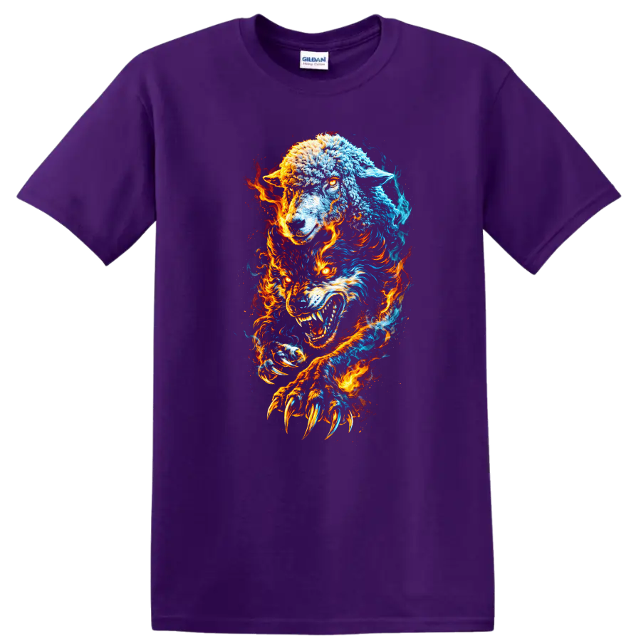 Fire and Ice Wolves Fury T Shirt for Bold Animal Lovers - Purple
