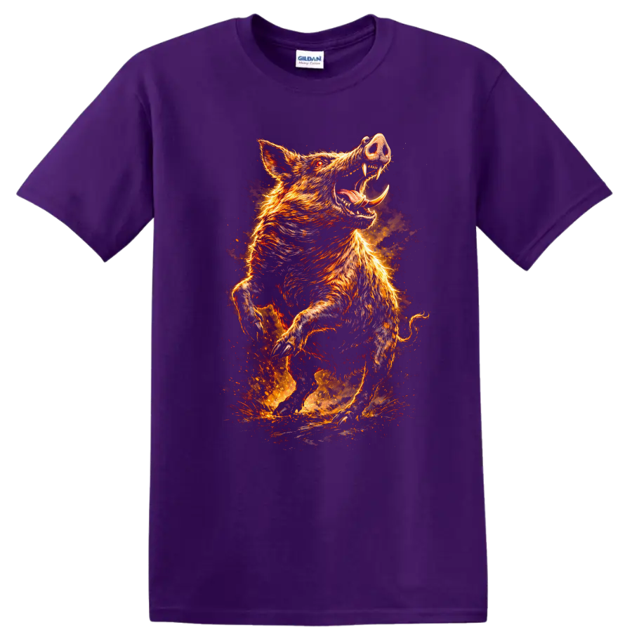 Fiery Wild Boar Attack Graphic T Shirt for Animal Lovers - Purple