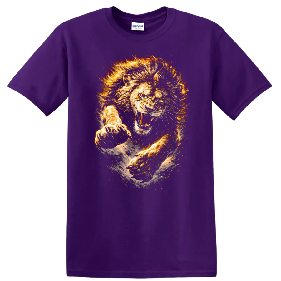 Roaring Lion Fire Mane Wildlife Art T Shirt For Animal Lovers - Purple