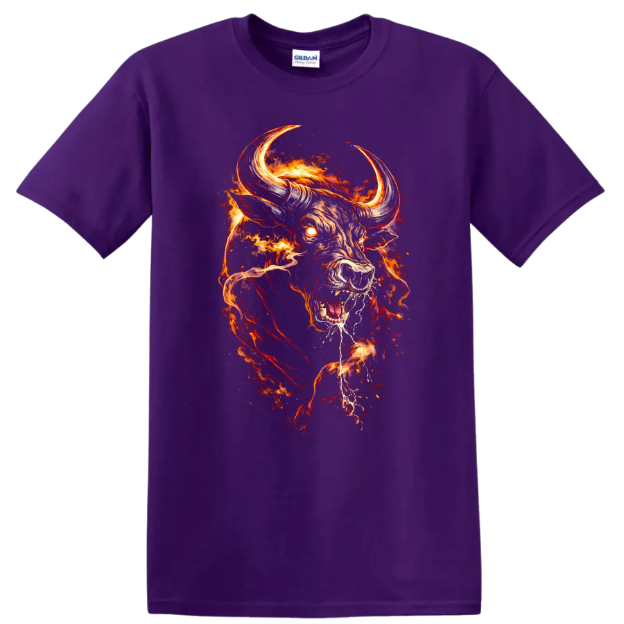 Flaming Bull Head Fire Fury Graphic T Shirt for Bold Animal Art Fans - Purple