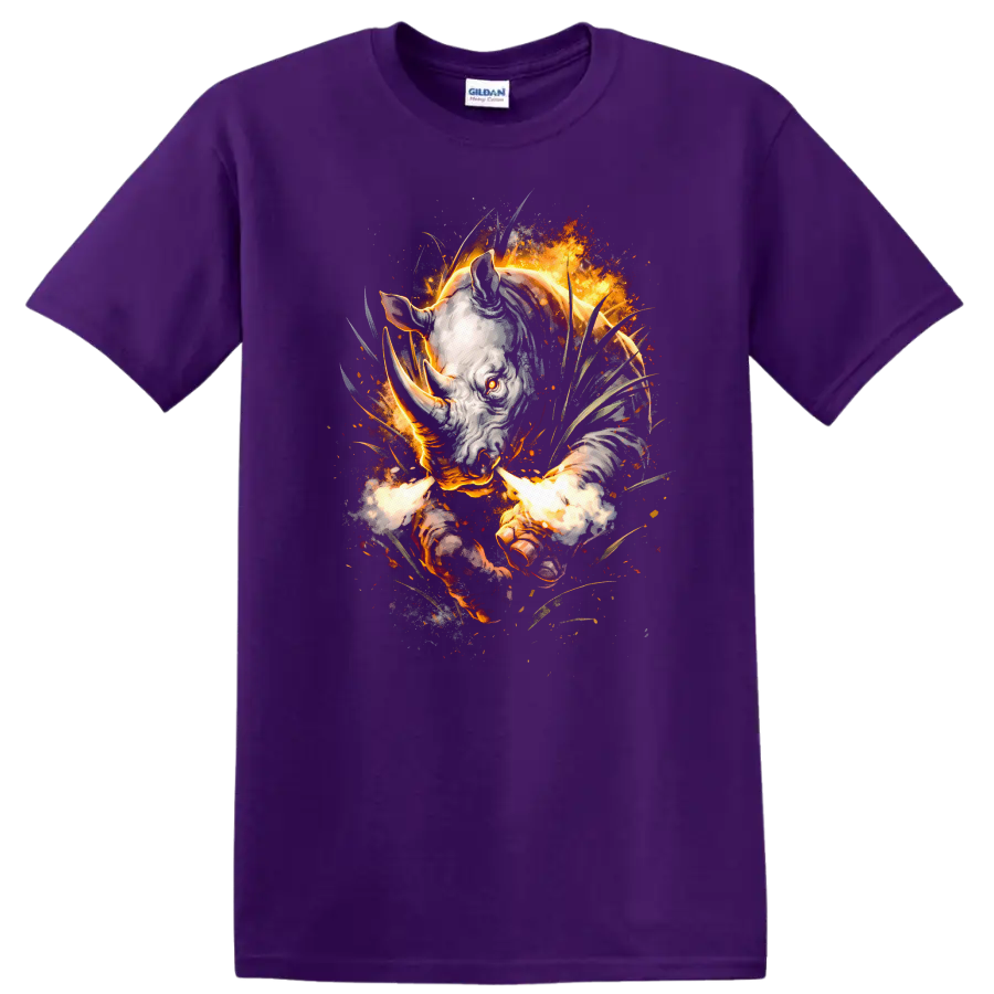 Fiery Rhino Head Animal Art T Shirt Wild Burning Beast Graphic - Purple