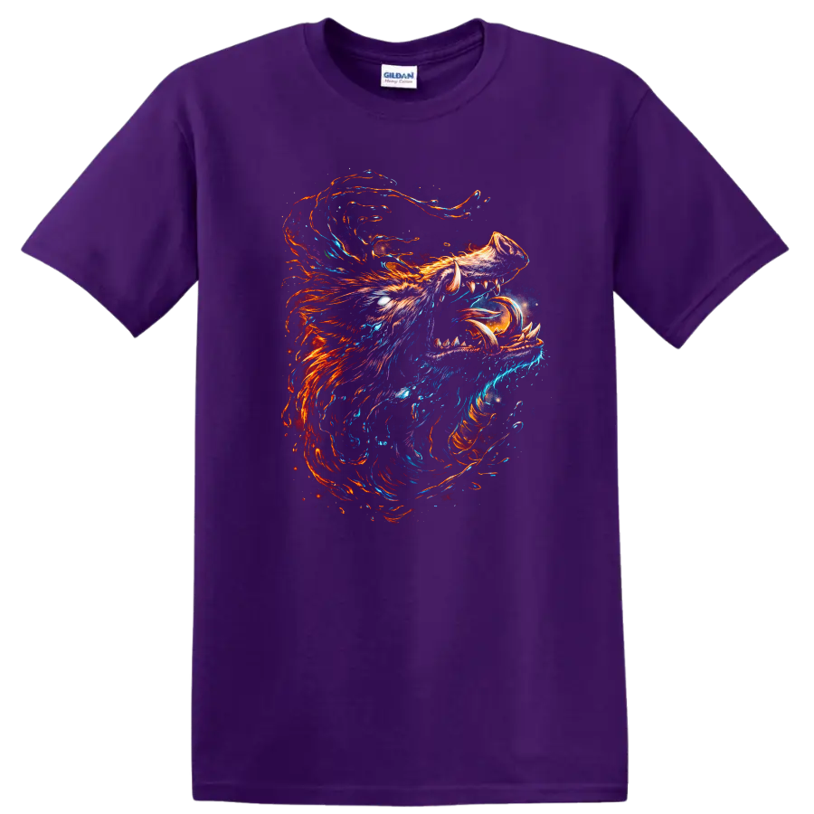Abstract Neon Wolf Head T Shirt Fierce Fire and Ice Animal Art - Purple