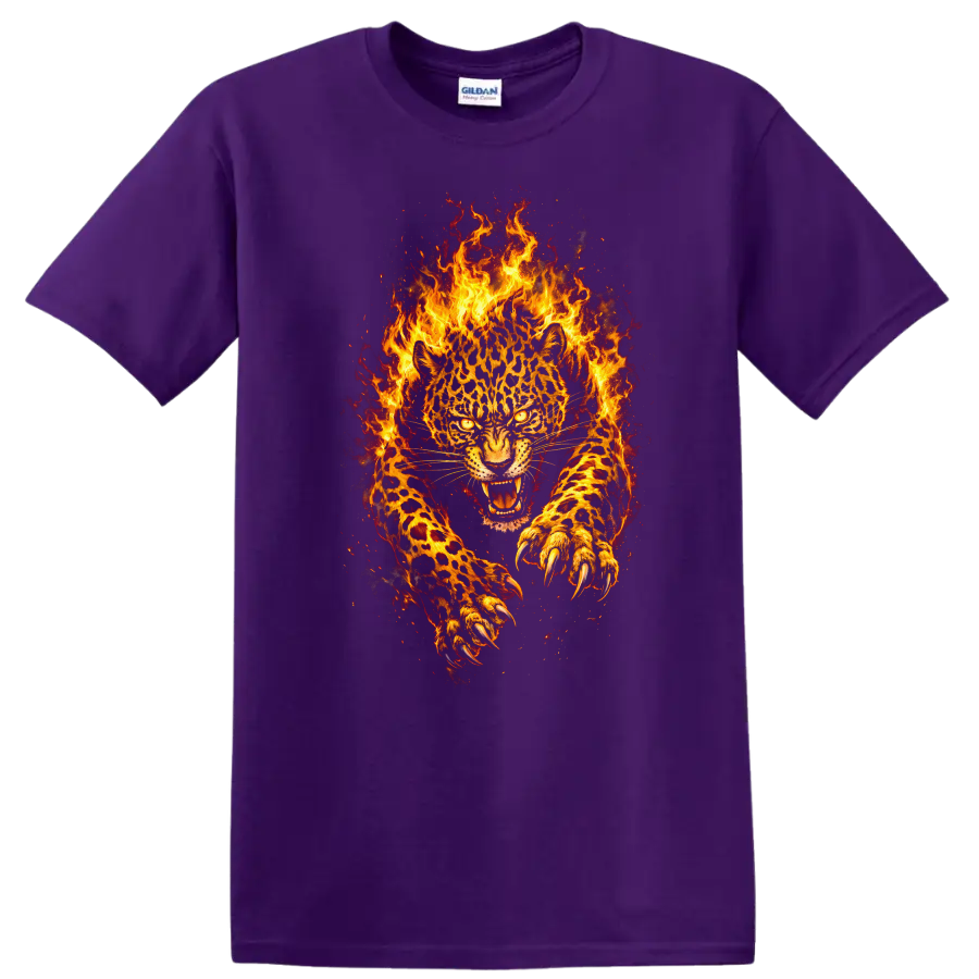 Fiery Leopard Panther T Shirt Wild Flaming Big Cat Animal Graphic - Purple