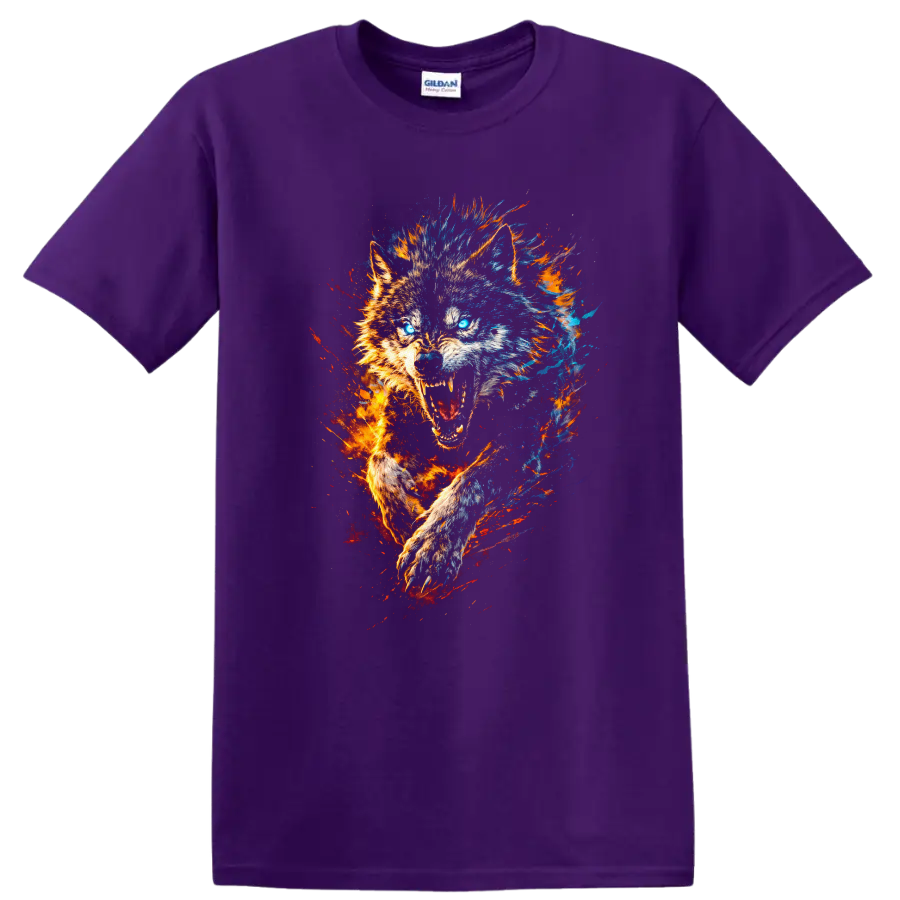 Fiery Wolf Head Graphic T Shirt Blue and Orange Energy Splash - Purple