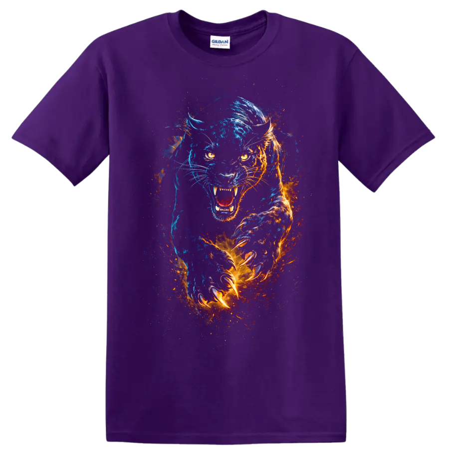 Blue and Orange Fierce Panther Watercolor T Shirt for Animal Lovers - Purple