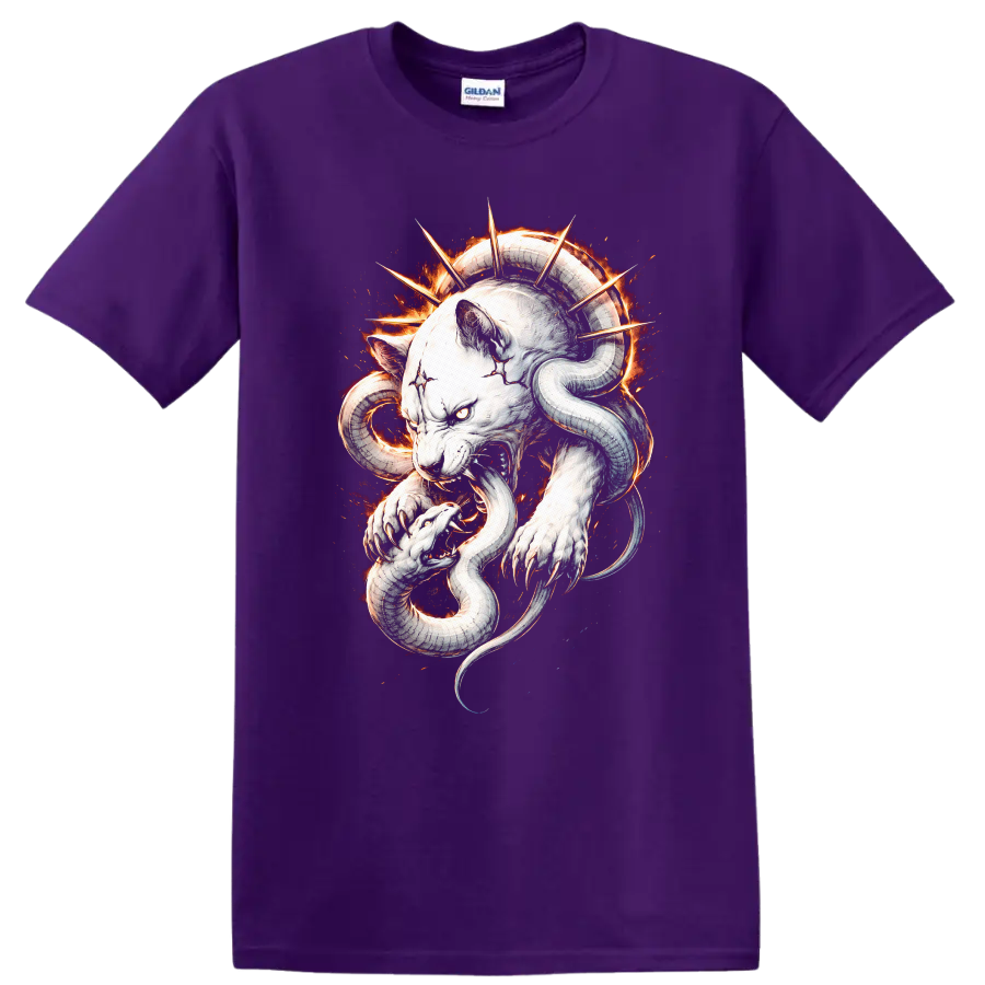 White Panther and Snake Flame Art T Shirt for Animal Lovers - Purple