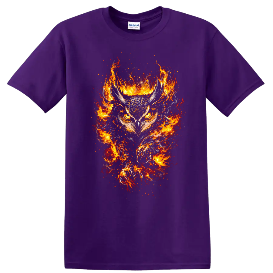 Fiery Owl with Flaming Wings Animal Graphic T Shirt - Purple