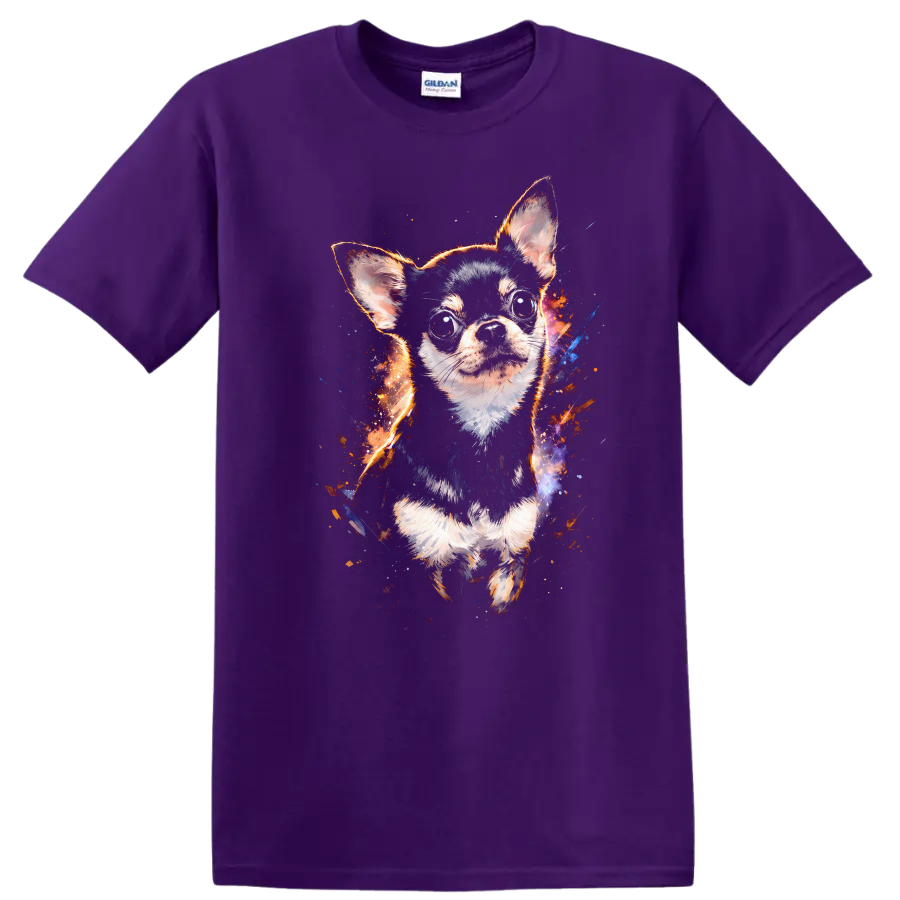 Colorful Chihuahua Portrait T Shirt for Dog Lovers Vibrant Splash Art on a Purple T Shirt