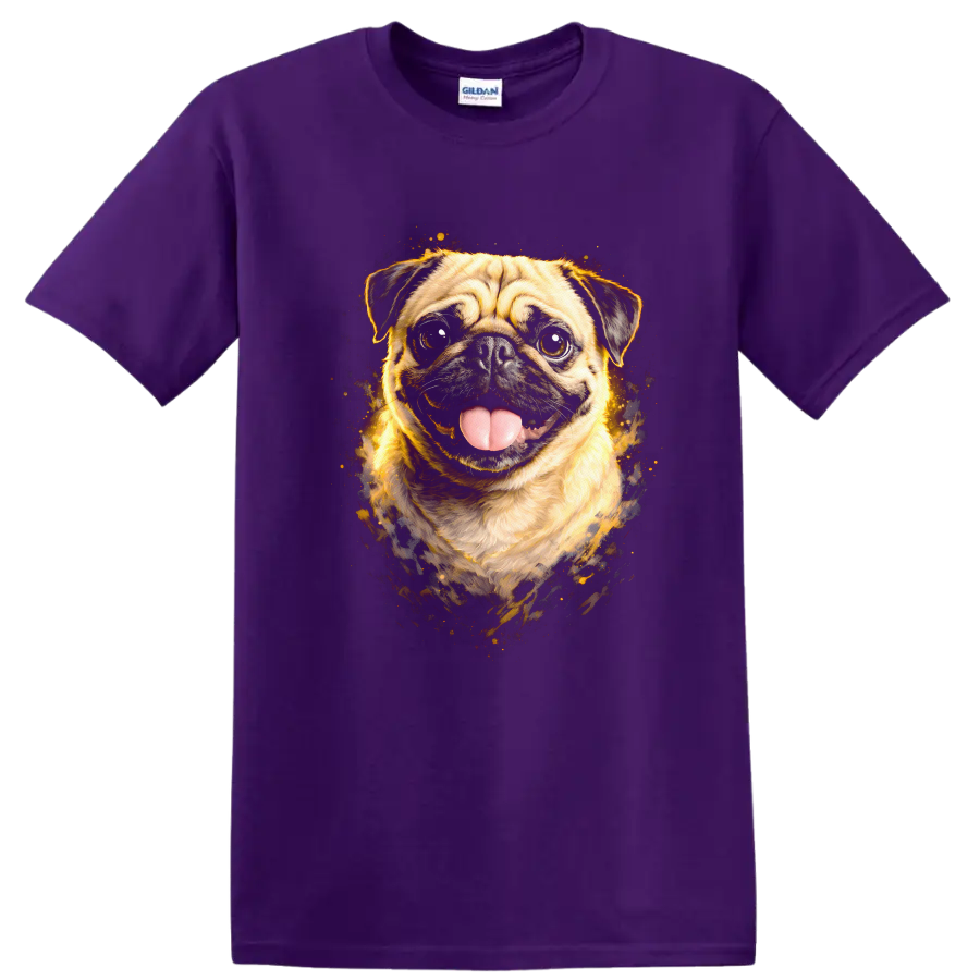 Funny Pug Dog Portrait Splash Art T Shirt for Dog Lovers on a Purple T Shirt