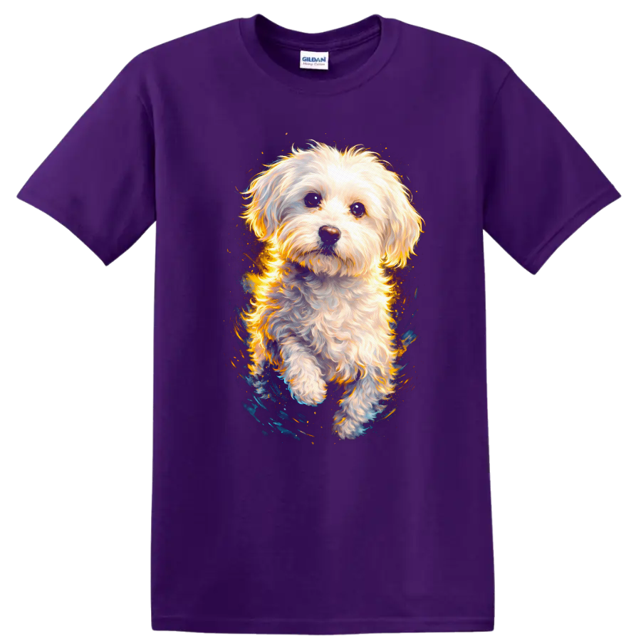 Fluffy White Dog Portrait T Shirt for Dog Lovers and Pet Fans on a Purple T Shirt