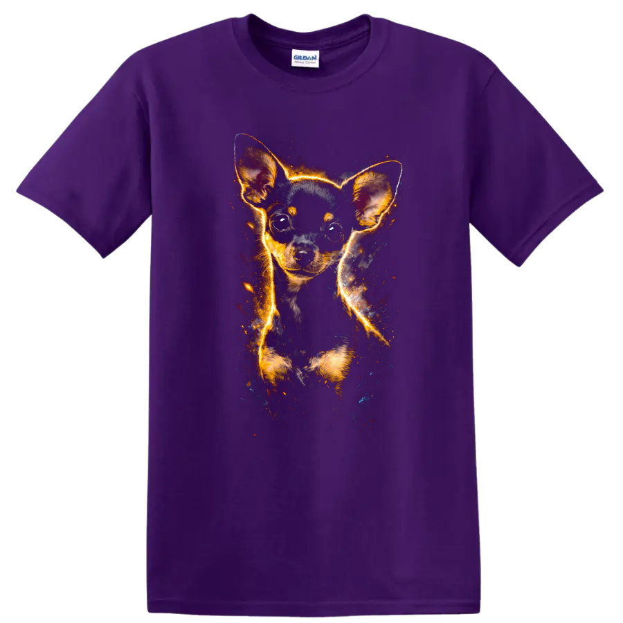 Glowing Chihuahua Puppy Portrait T Shirt for Dog Lovers on a Purple T Shirt