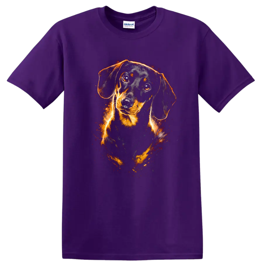 Dachshund Dog Portrait T Shirt Fiery Neon Art for Dog Lovers on a Purple T Shirt