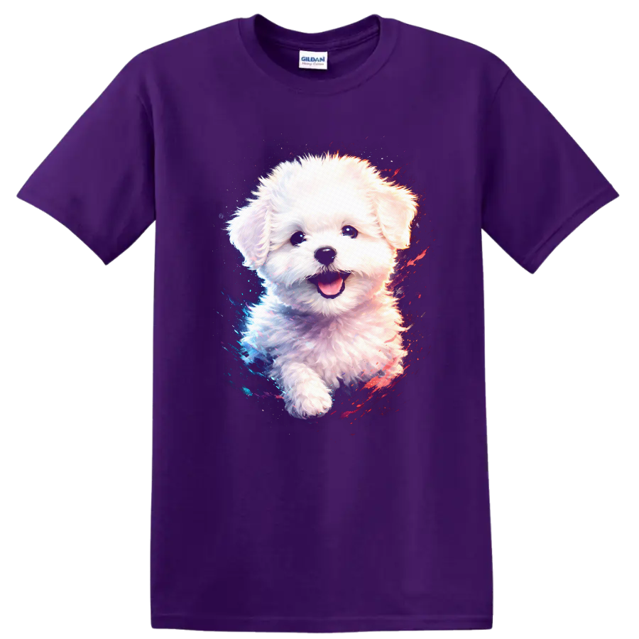 Cute White Puppy Dog Portrait T Shirt Colorful Neon Splash - Purple