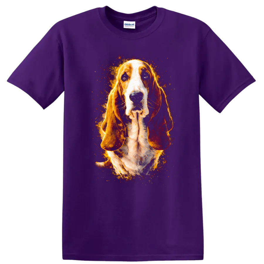 Basset Hound Dog Portrait Flame Art T Shirt for Dog Lovers on a Purple T Shirt