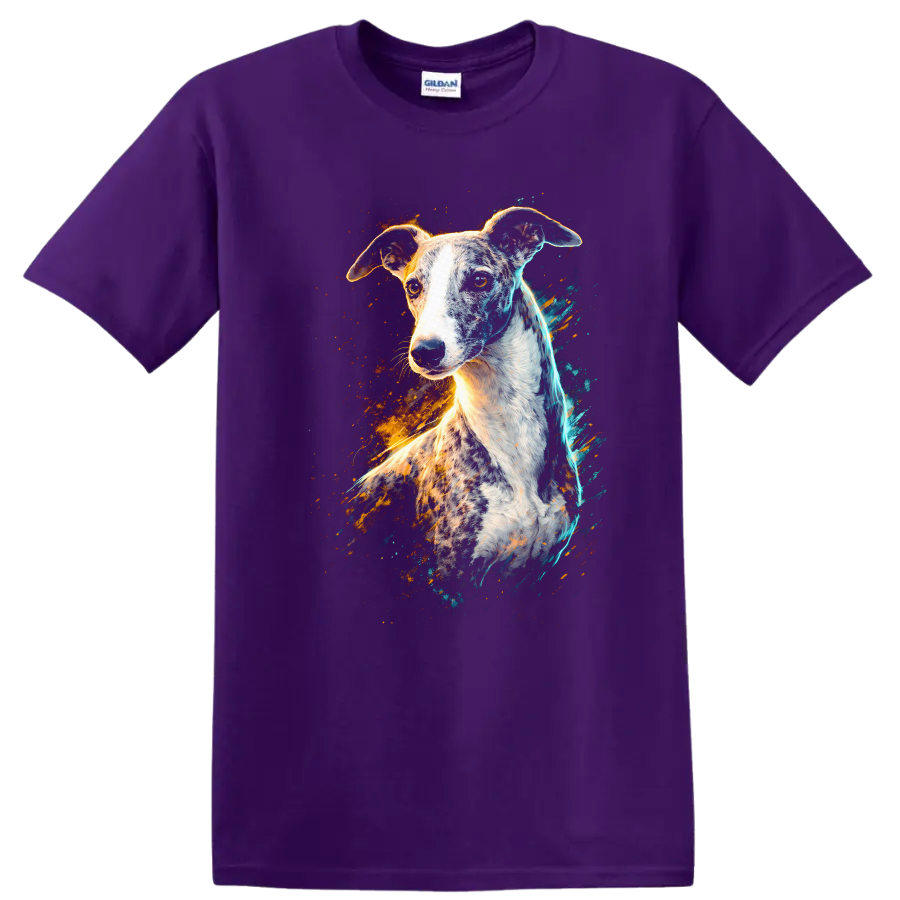 Greyhound Dog Splash Art T Shirt Colorful Neon Breed Portrait on a Purple T Shirt